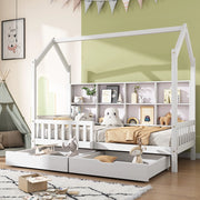 OKWISH Letto a Casetta 90×200 cm, Letto Singolo con Mensole e 2 Cassetti, Sponda, senza Materasso, in Legno Massello, Bianco
