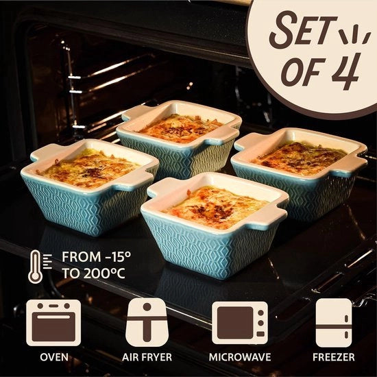 Set di piatti per forno ceramici mini da 4 - Stivellabile - Resistente a graffi e tagli - Adatto per forno e air fryer - Resistenti al lavaggio a 90°C - Blu