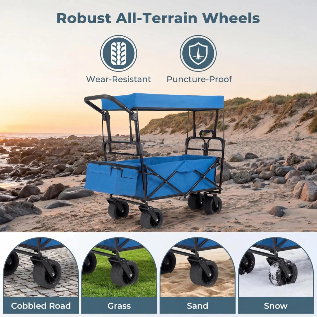 Carrello Spiaggia Pieghevole con Tetto, Carrello da Trasporto con Ruote Grandi e Borsa Portatutto, Carrello da Campeggio e Giardino, in Acciao Resistente, Chiusura Rapida, 100 KG, 100L (Blu)