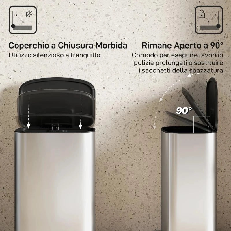 PATTUMIERA A PEDALE DA 50L CON COPERCHIO AMMORTIZZATO, APERTURA A 90¦ E SECCHIO RIMOVIBILE, ACCIAIO INOX, GRIGIO