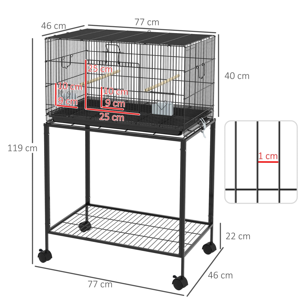 Gabbia per Uccelli con Ruote ¨C Xylo ¨C 77x46x119 cm, Metallo Nero, Vassoio Estraibile, 2 Posatoi