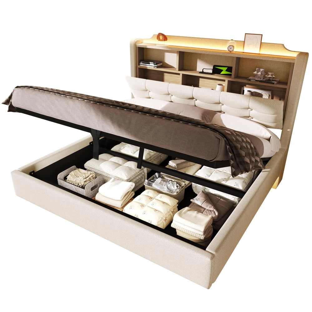Letto Imbottito con Contenitore Idraulico LED ¨C MINIMAL ¨C Tessuto Beige 140x200