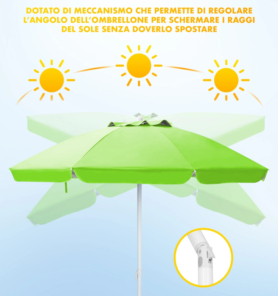 Ombrellone Da Spiaggia Grande Antivento 2.20 Metri Portatile Struttura In Acciaio A 8 Stecche Pieghevole Reclinabile Regolabile Altezza Puntale A Vite Resistente Uv Con Custodia A Tracolla Mare Campeggio Prato  Verde