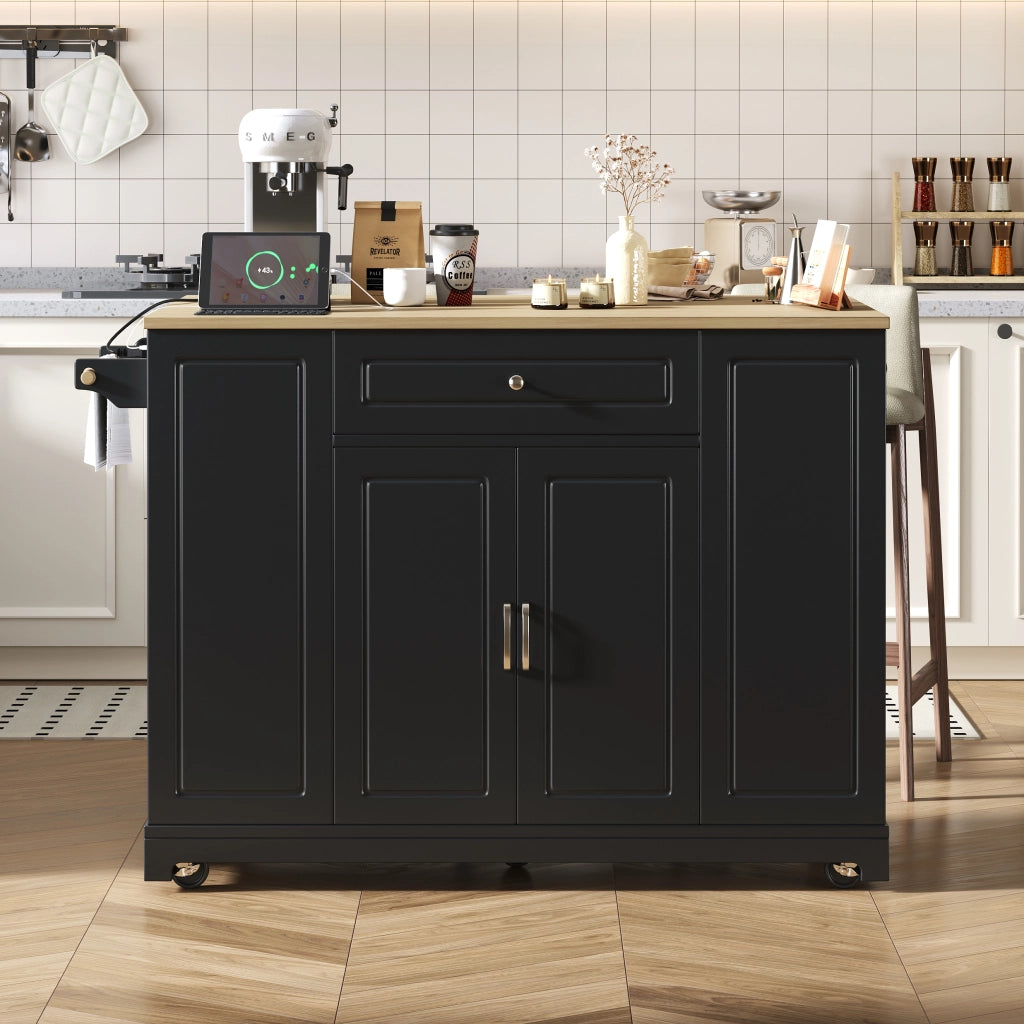 Isola da Cucina con 2 Ante; Ripiani Regolabili; Piano Pieghevole; Prese e Ruote; Cucina 131.8x40-70x93.3 cm