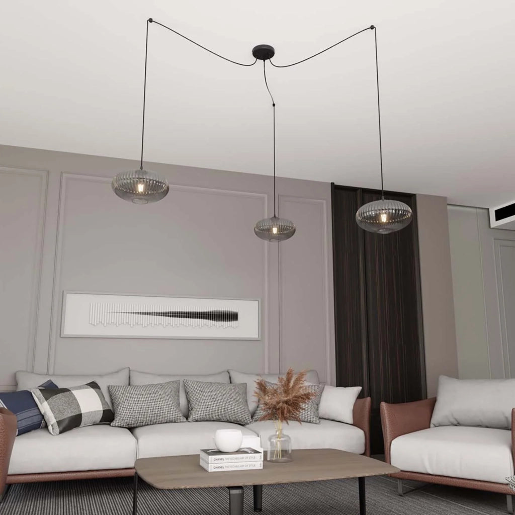 Lampadario 3 Luci Elios In Acciaio Nero Paralume Plissettato Fumè