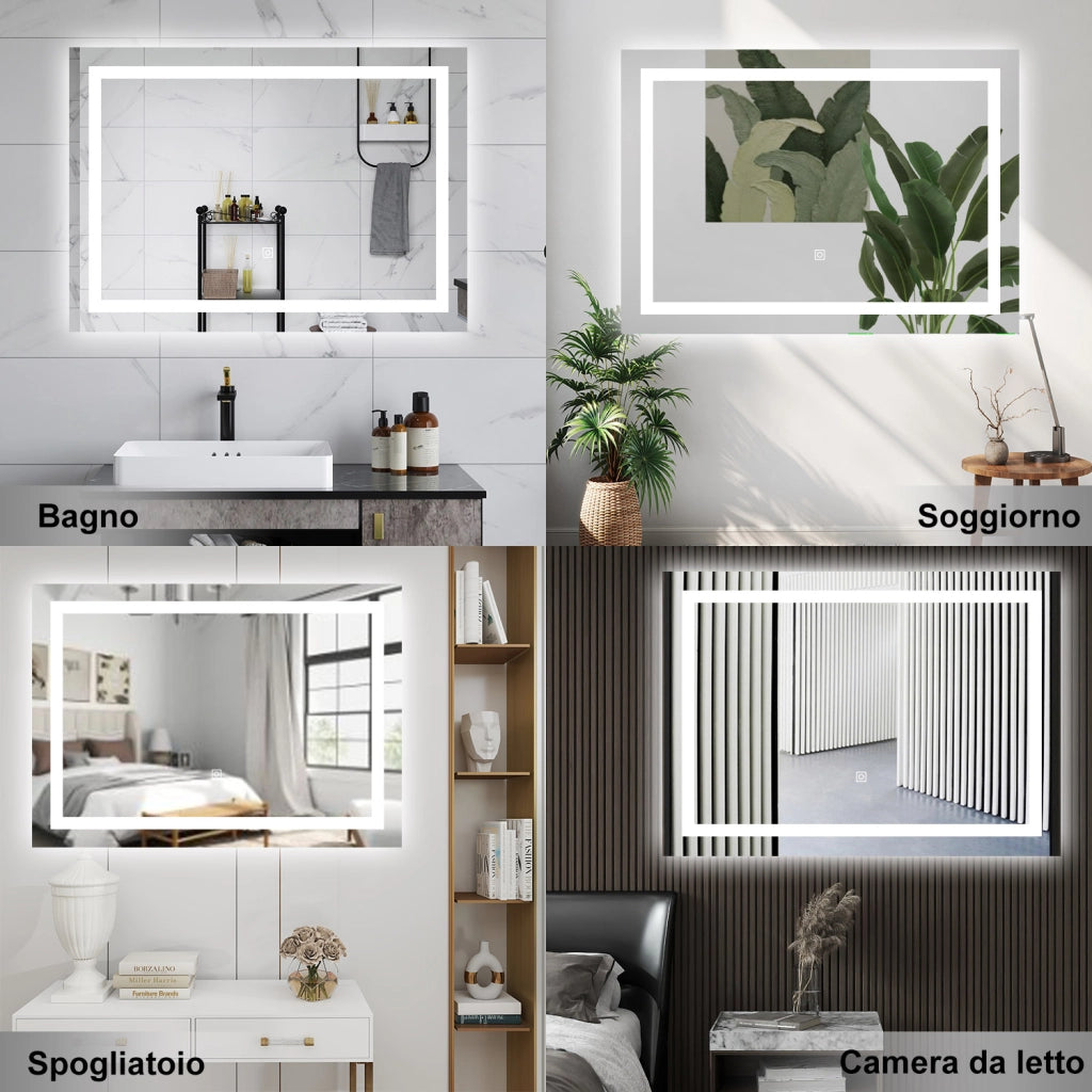 AICA Specchio da bagno  70 x 50 cm, dimmerabile, interruttore touch, Funzione Memoria, antiappannamento, 3 colori