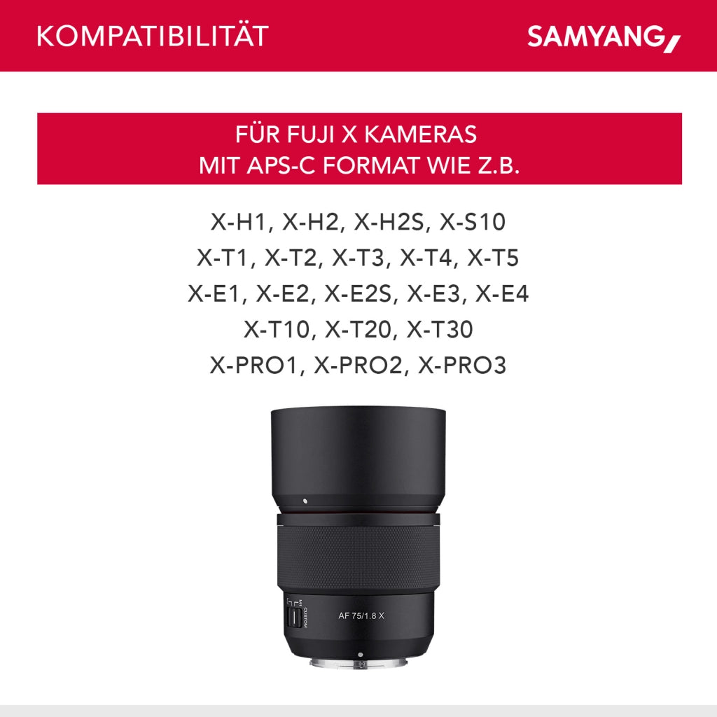 AF Obiettivo per ritratti 75 mm, adatto a fotocamere Fujifilm X, intensità luminosa F1,8, Custom Switch, per fotografia ritrattistica