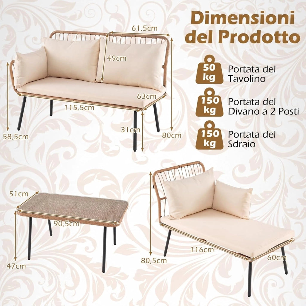 Set di 3 Pezzi Mobili da Giardino, 2 Divani in PE Rattan con Cuscini Imbottiti, Tavolino da Caffè Rotondo con Piano in Vetro Temperato, Facile da Pulire, per Cortile, Terrazza e Balcone