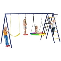 Gioco per Bambini 3-8 Anni con 3 Altalene, Scala a Corda e Canestro Basket, in Acciaio, PE e PP, 3.5x1.8x2 m