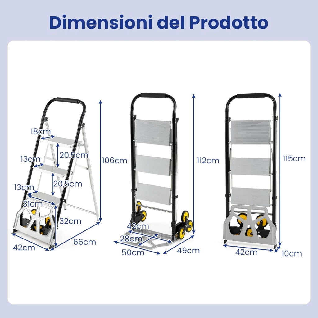 Carrello a Mano 2 in 1 e Scala, Scaletta Pieghevole a 3 Gradini in Alluminio con Ruote in Gomma e Pedali Antiscivolo, Carrello Portatile con Corrimano per Casa e Ufficio, Portata 250 kg