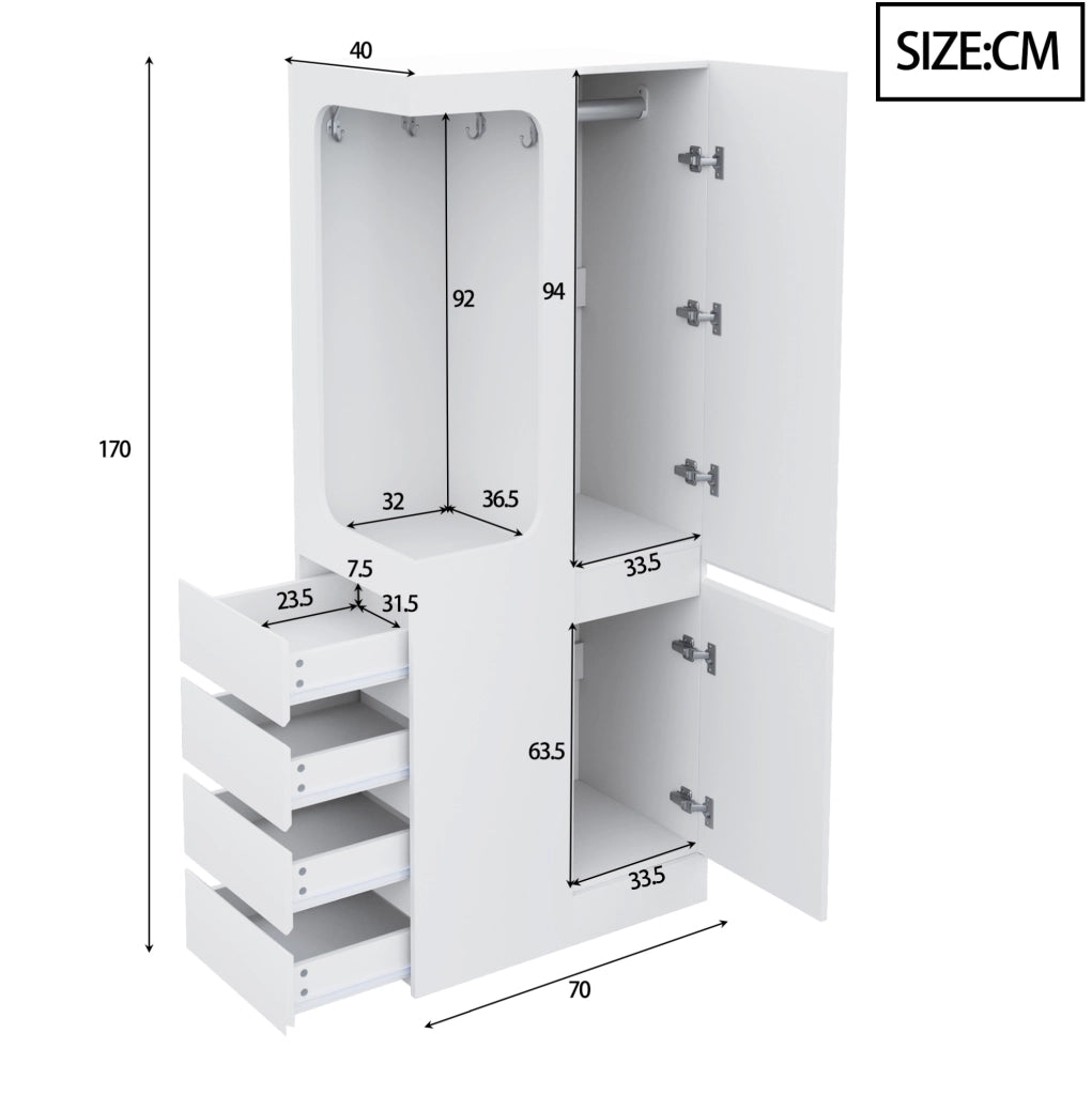 Armadio 1 anta con 4 cassetti e vano appendiabiti 70x40x170 cm