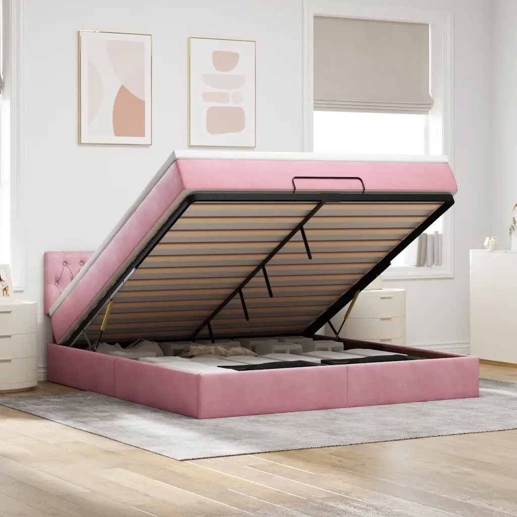 Struttura Letto Pouf con Materasso Rosa 160x200 cm in Velluto 3312709