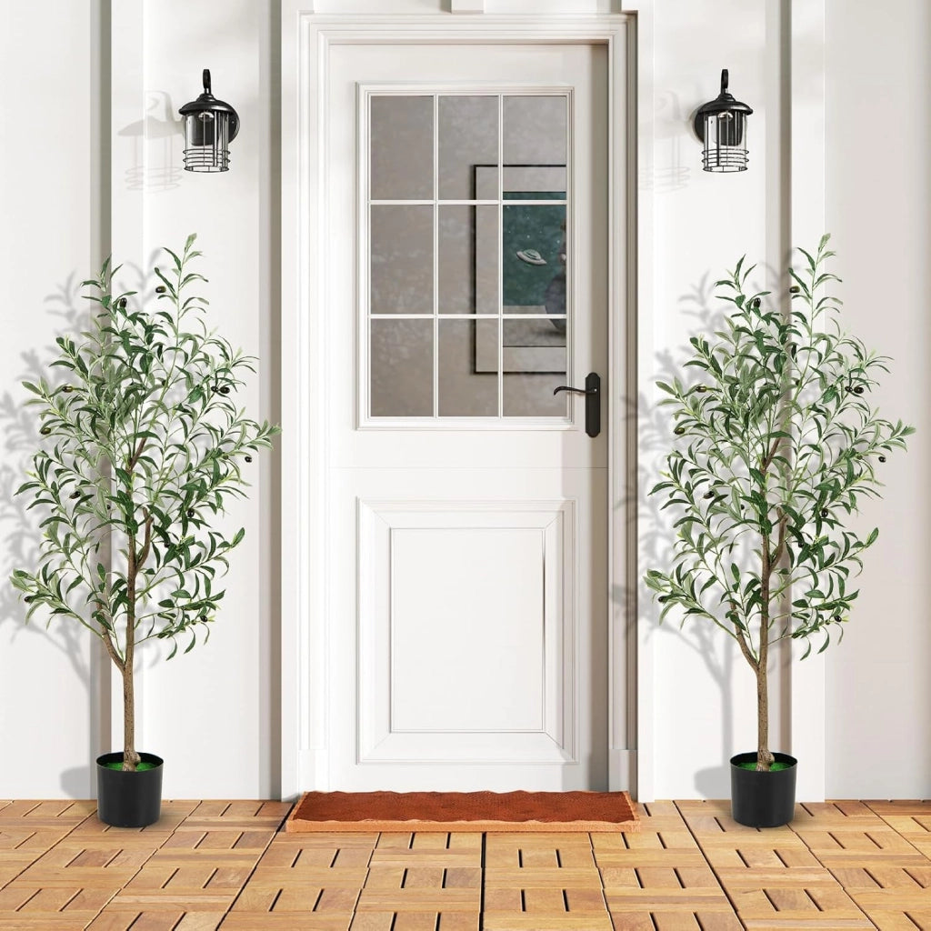 Set di 1/2 alberi di ulivo artificiali, pianta falsa da 130 cm con foglie e frutti realistici, tronco resistente in PE e base stabile, pianta decorativa per interni ed esterni (2)