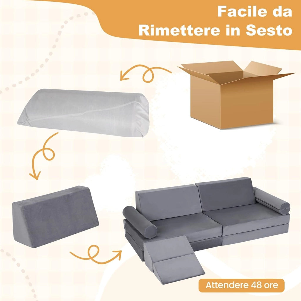 Divano Componibile per Bambini, Divanetto Modurale Sottovuoto 10 Pezzi, per Gioco e Riposo, con Imbottitura in Spugna e Rivestimento in Velluto Cristallo, Fodera Rimovibile e Lavabile (Grigio)