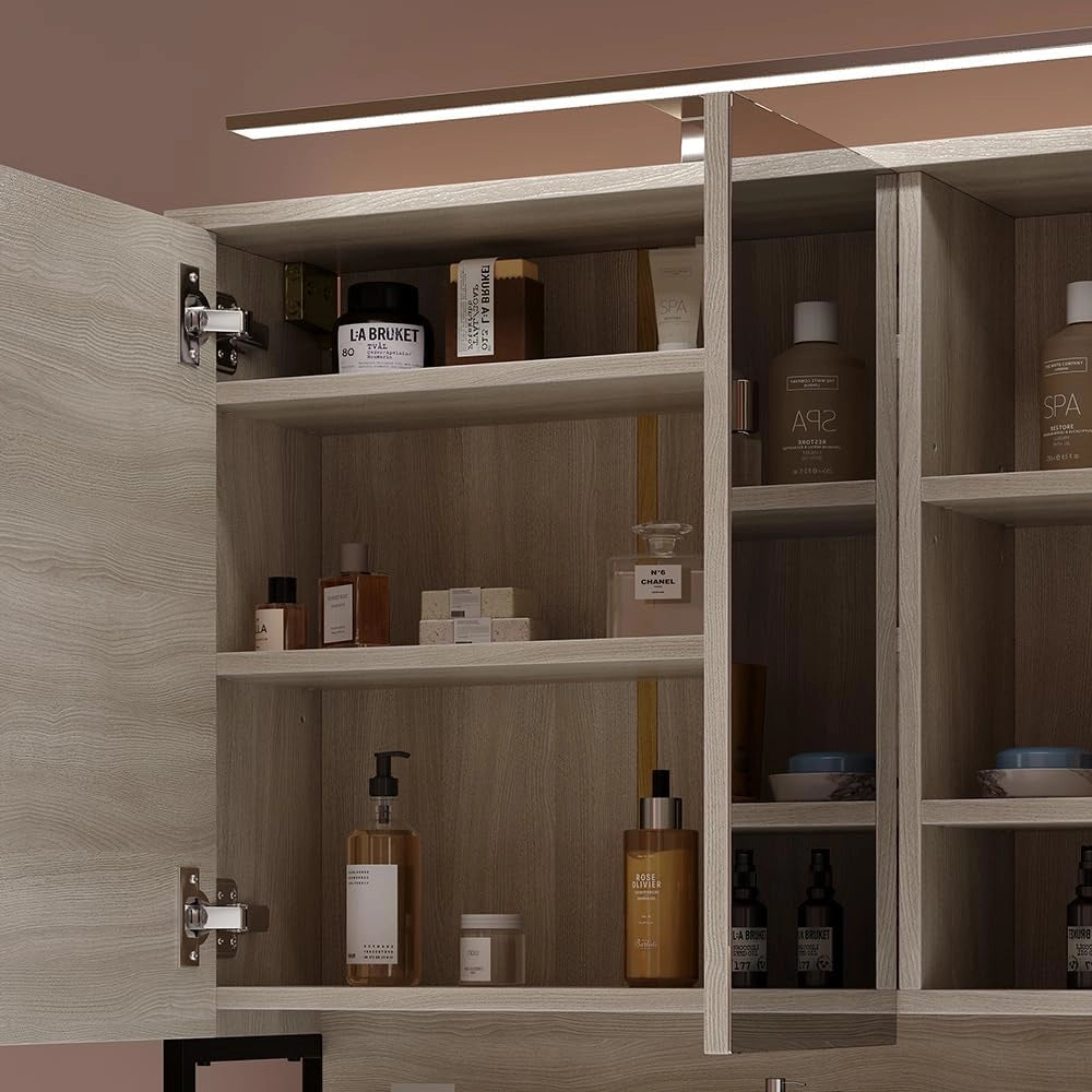 Mobile a specchio per il bagno Vionna, Quercia/nero, 80 x 71.5 cm con luce LED, con ripiano interno regolabile in altezza per un utilizzo flessibile