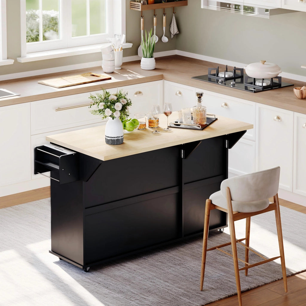 Isola da cucina con piano ribaltabile, 6 ruote frenanti, cassetti, ripiani e mobile contenitore, 137 x 89,5 x 45 cm