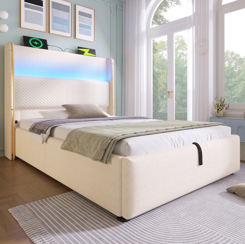 Letto matrimoniale singolo 90x200 cm con testiera alta; LED; USB Type-C; contenitore e materasso beige