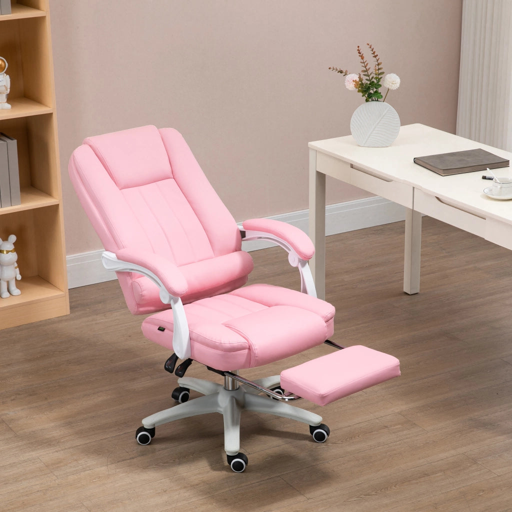 Sedia da ufficio girevole con schienale reclinabile, poggiapiedi e altezza regolabile in similpelle rosa per casa