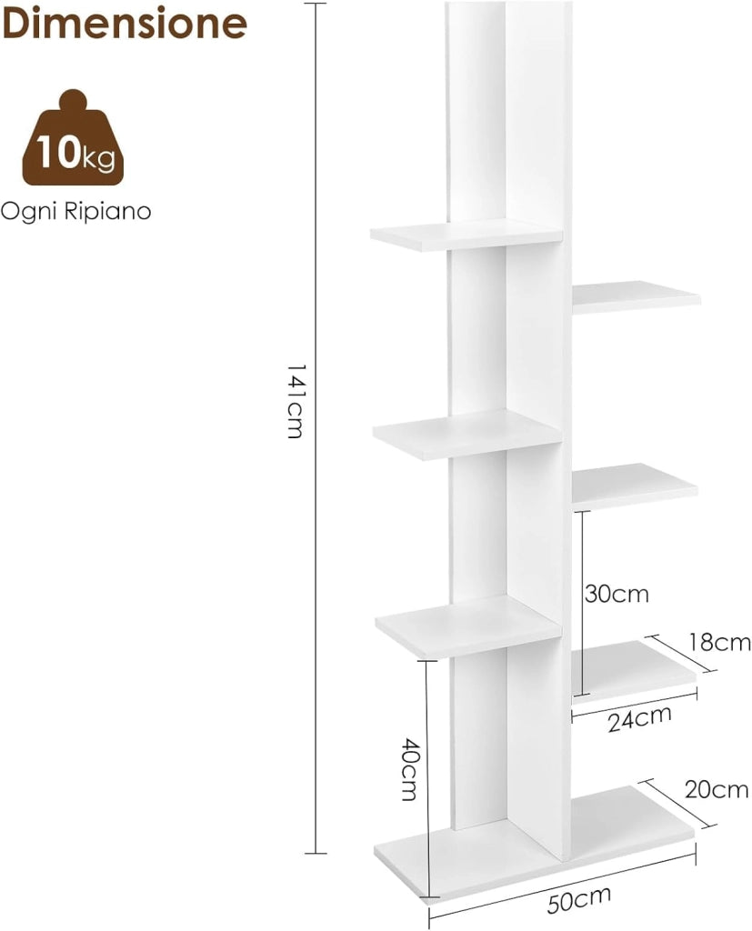 Scaffale in Legno per Libri, 6 Livelli, Libreria da Terra multiuso per Soggirno Ufficio Balcone, Ideale per per Soggirno Ufficio Balcone, 50 x 20 x 141 cm (Bianco)