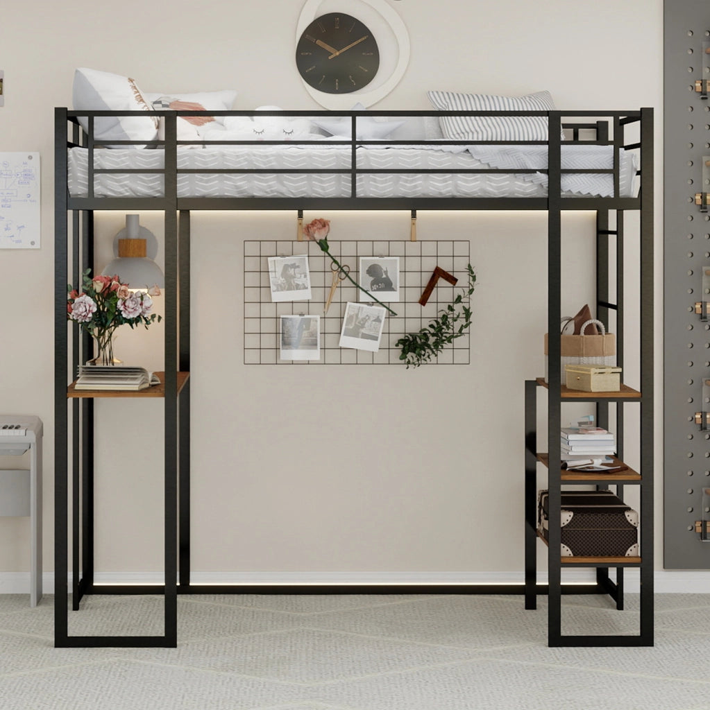 Letto a soppalco 90x190 cm con scrivania e spazio contenitore in ferro nero