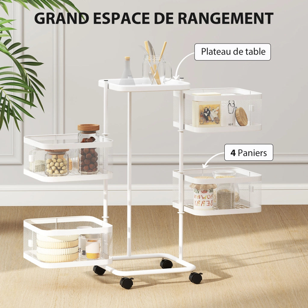 Carrello con 4 cestelli girevoli su ruote ¨C zephmum ¨C bianco, acciaio, 33x33x77cm