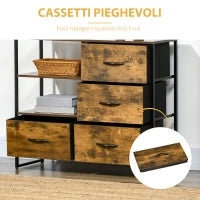 Cassettiera in Stile Industriale con 4 Cassetti in Tessuto Pieghevole e 2 Ripiani Aperti, 84x30x71.5 cm, Marrone