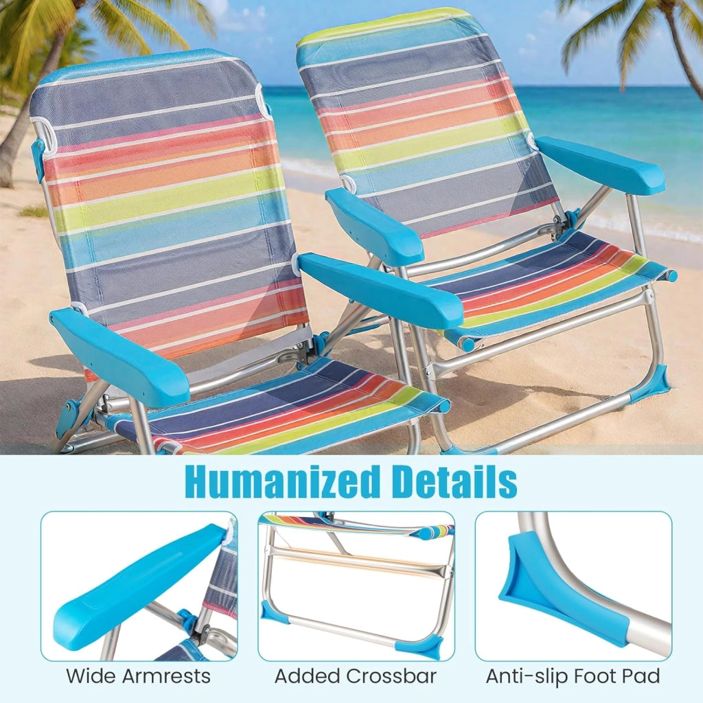 Set di 2 Sedie da Spiaggia Pieghevoli, Spiaggina con Schienale Regolabile in 5 Posizioni, Sdraio Reclinabile con Cinghia di Trasporto, Lettino Prendisole, Carico 150kg, Colorato (Medio)