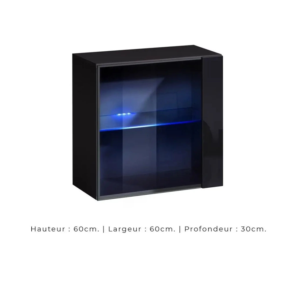 Vetrina nera quadrata sospesa con 1 porta a vetro e illuminazione LED inclusa. Collezione SWITCH.