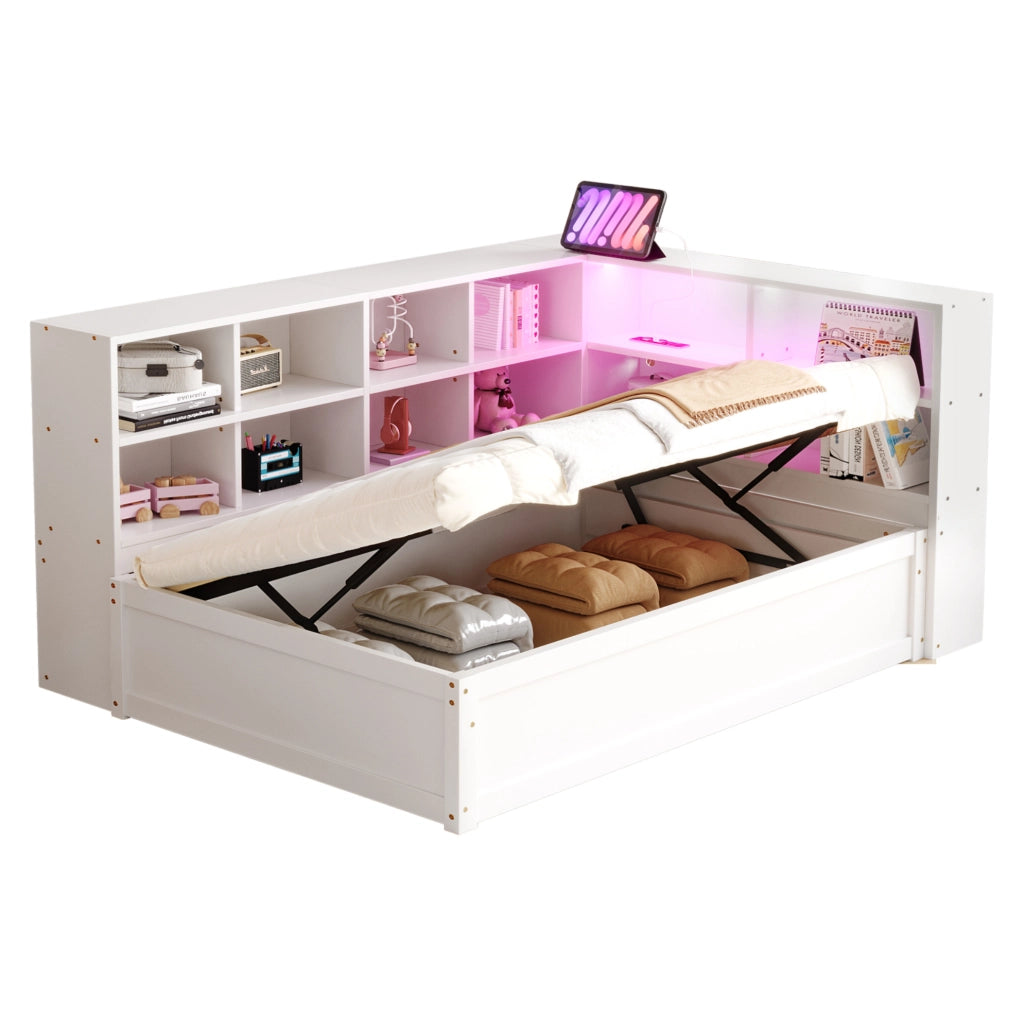 Letto singolo multifunzione 90x200 cm con contenitori; LED e presa integrata; bianco