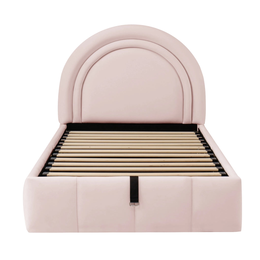 Letto Singolo Contenitore Imbottito ¨C MINIMAL ¨C Velluto Rosa 90x200, Testiera, Rete a Doghe, Idraulico