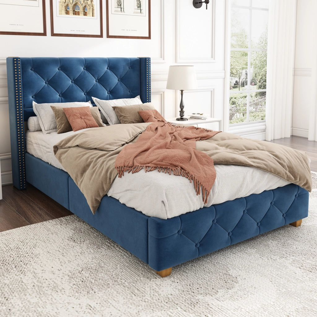 Letto imbottito 90x200 cm in velluto blu con testiera capitonné, rete a doghe e gambe in legno