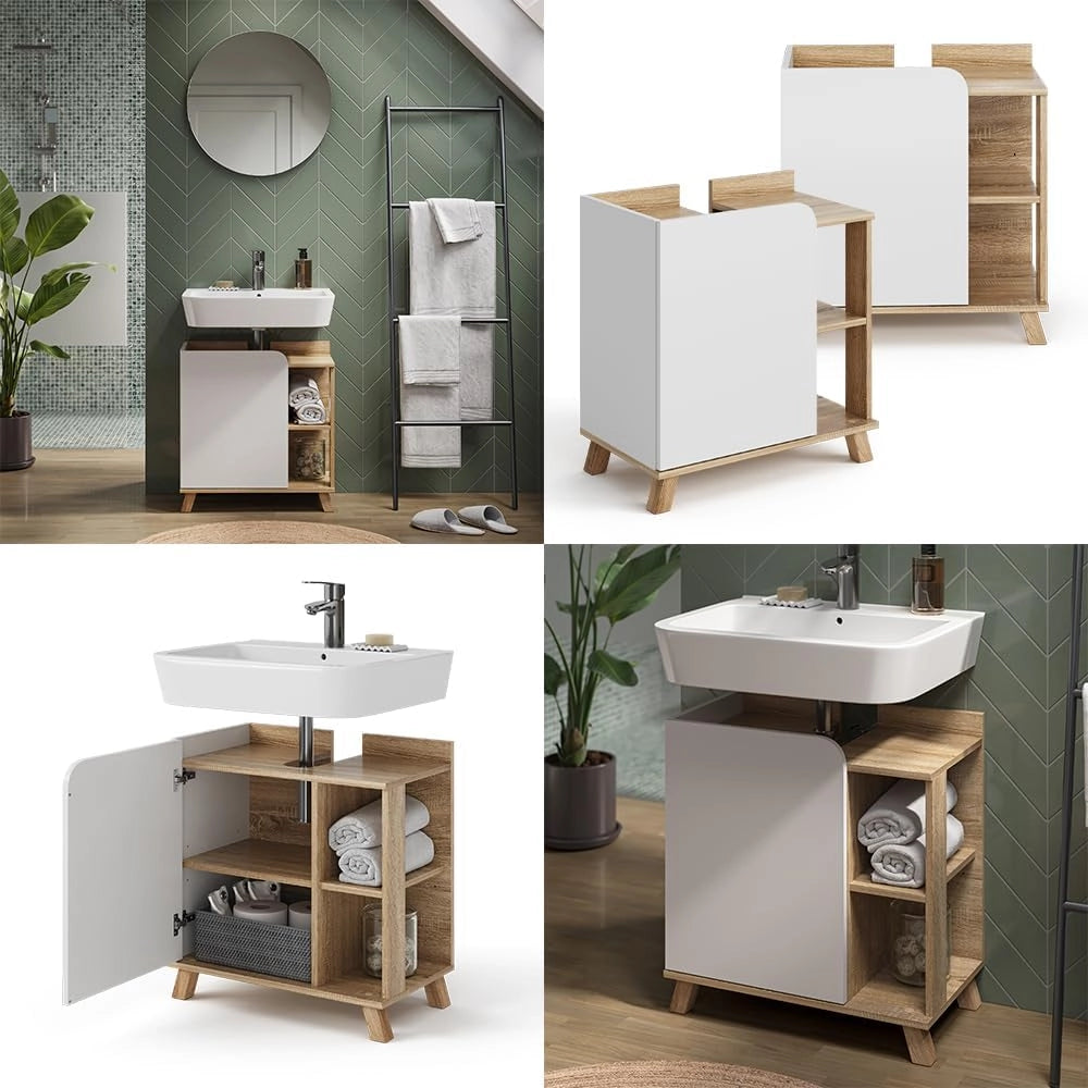Mobile sottolavabo per bagno Karen, Sonoma/Bianco, 60 x 65 cm con anta e vani a giorno, con ritaglio per sifone per il montaggio sotto il lavabo