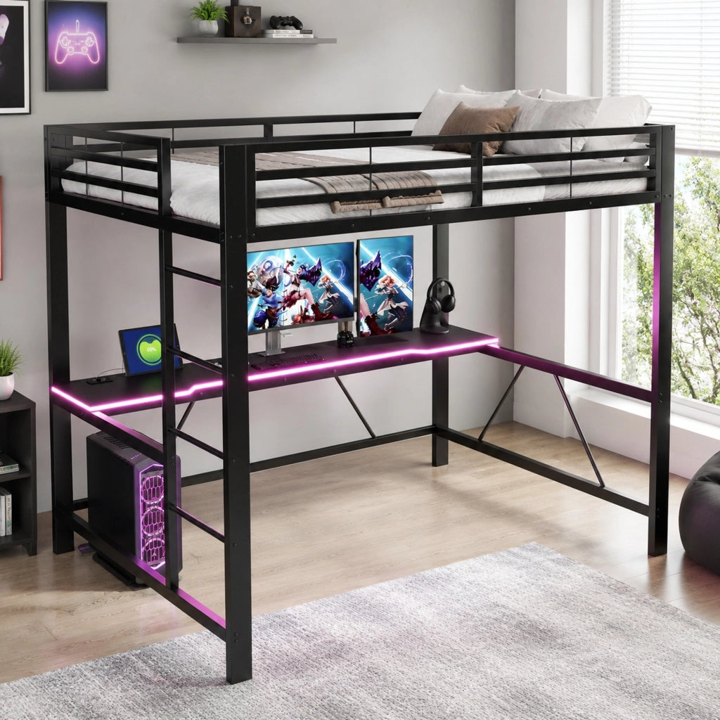 Letto a soppalco 140x200 cm con scrivania e LED in MDF e metallo nero