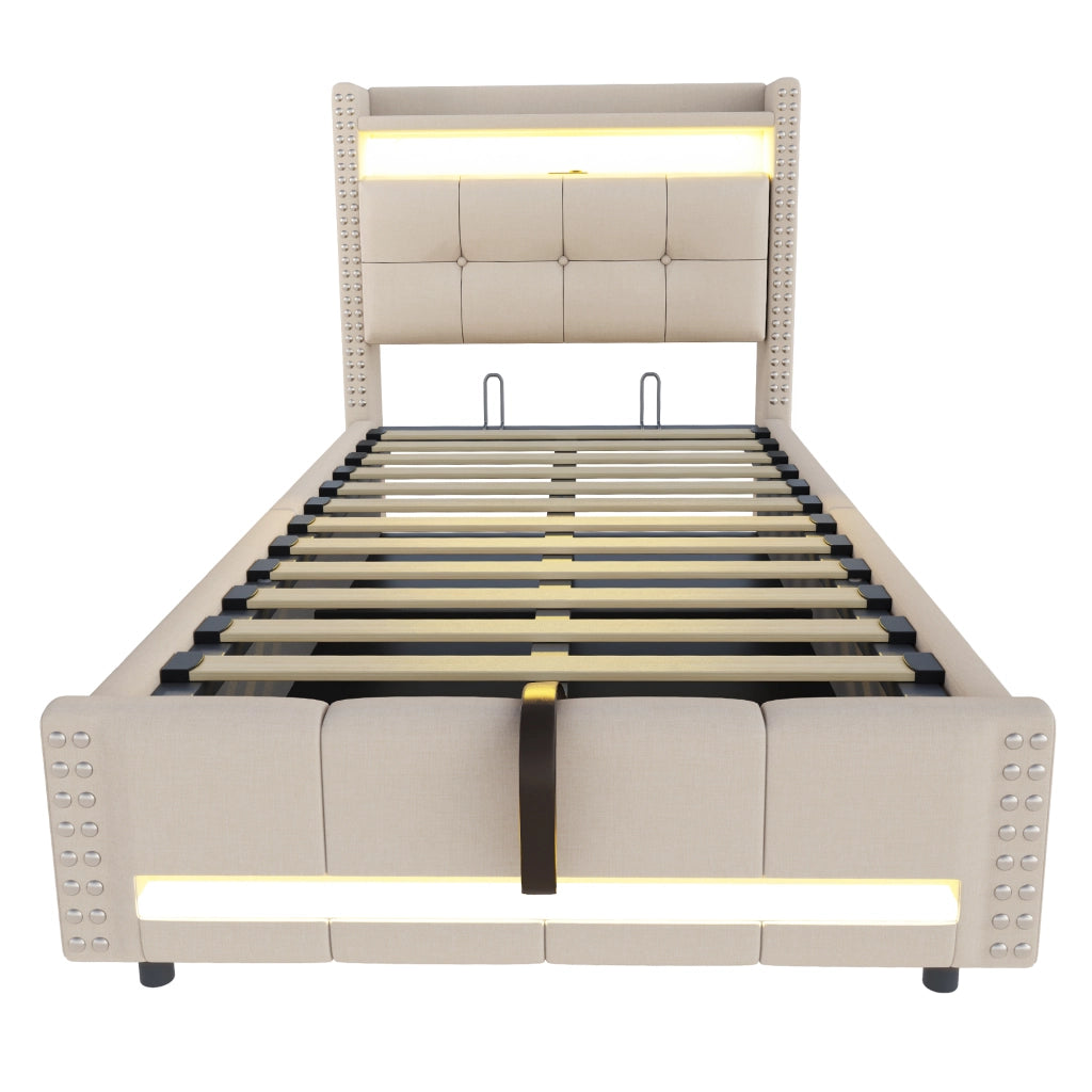 OKWISH Letto Bambino 90×200 cm, Letto Singolo con Contenitore, USB, LED Regolabile e Mensole, senza Materasso, in Tessuto Beige