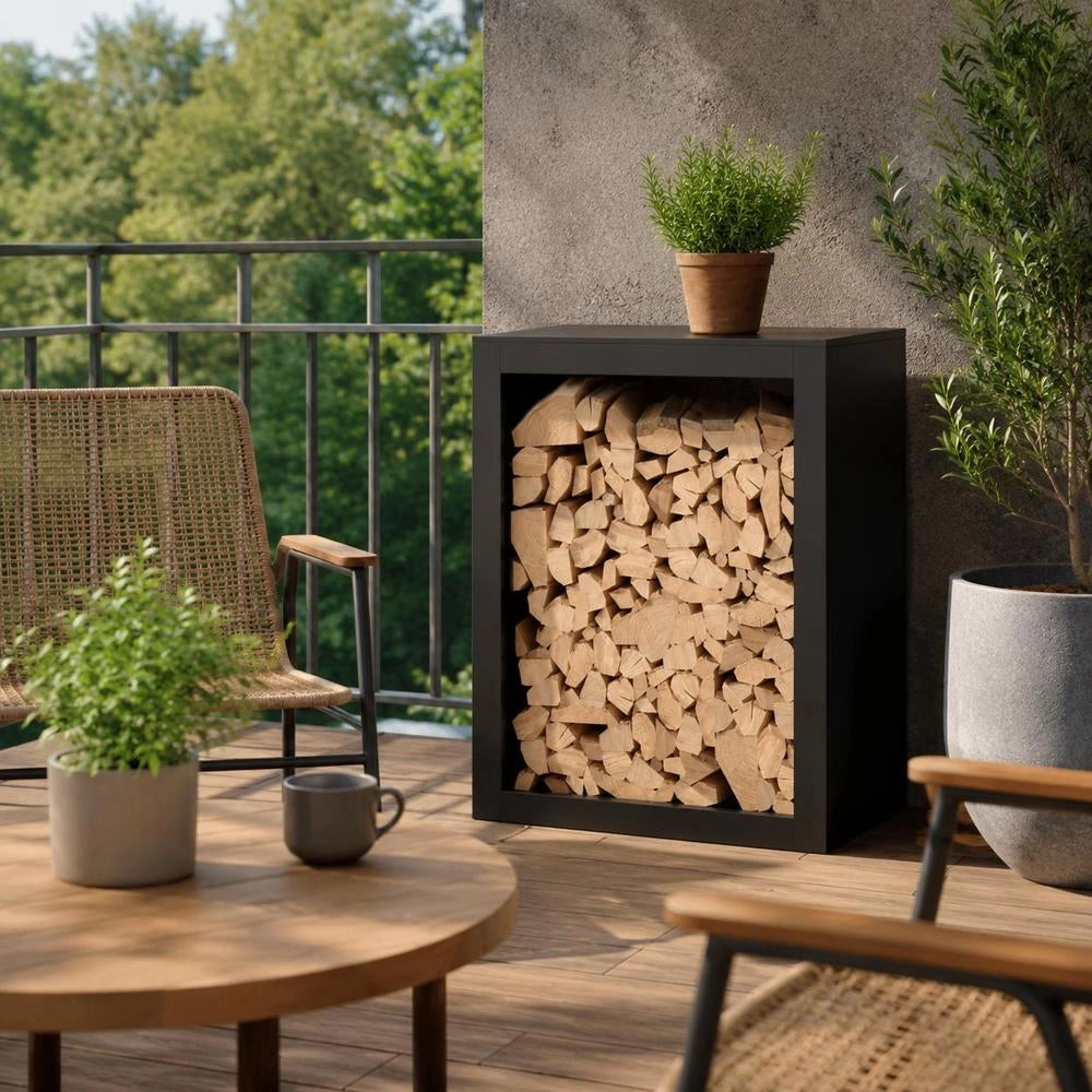 Porta legna nero, 60x40x80 cm, in acciaio – robusto e resistente, ideale per esterni, giardino e camino, pratico e durevole