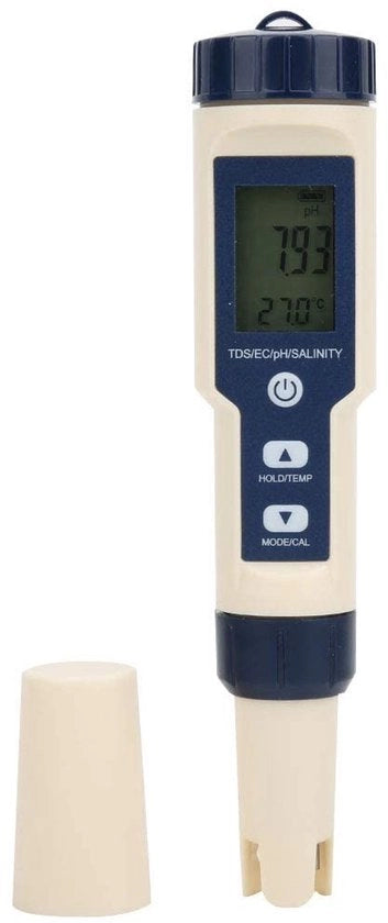 Misuratore di qualità dell'acqua 5 in 1 - Tester di purezza dell'acqua - Analizzatore di salinità - pH/EC/Temperatura - Portatile - Precisione ±2%