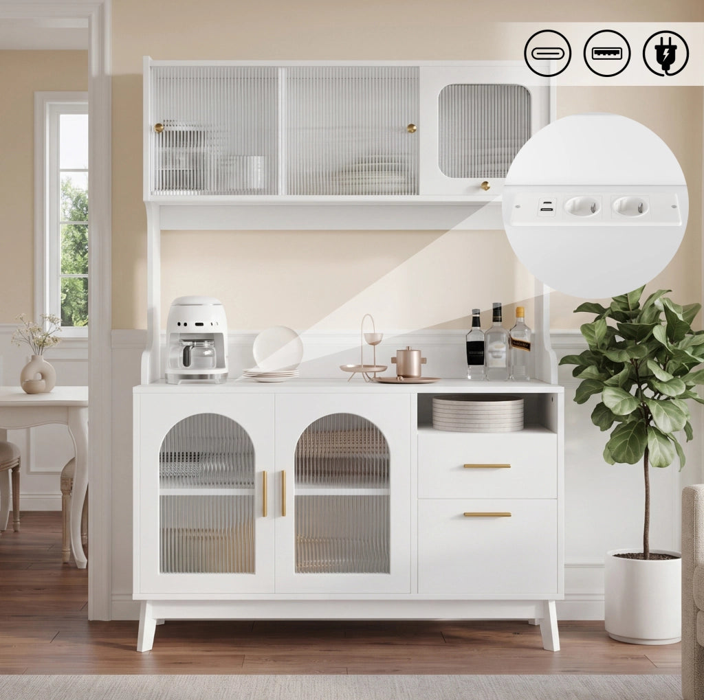 Credenza alta bianca 120x40x178 cm con prese e USB