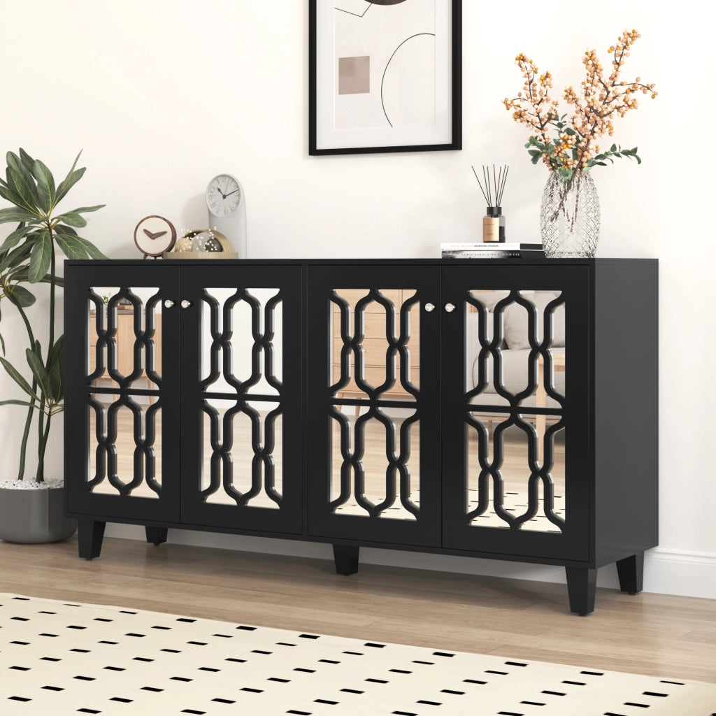 Credenza con 4 Ante e 2 Ripiani Regolabili; Frontali a Specchio; in MDF; Nero; 160??40??84 cm