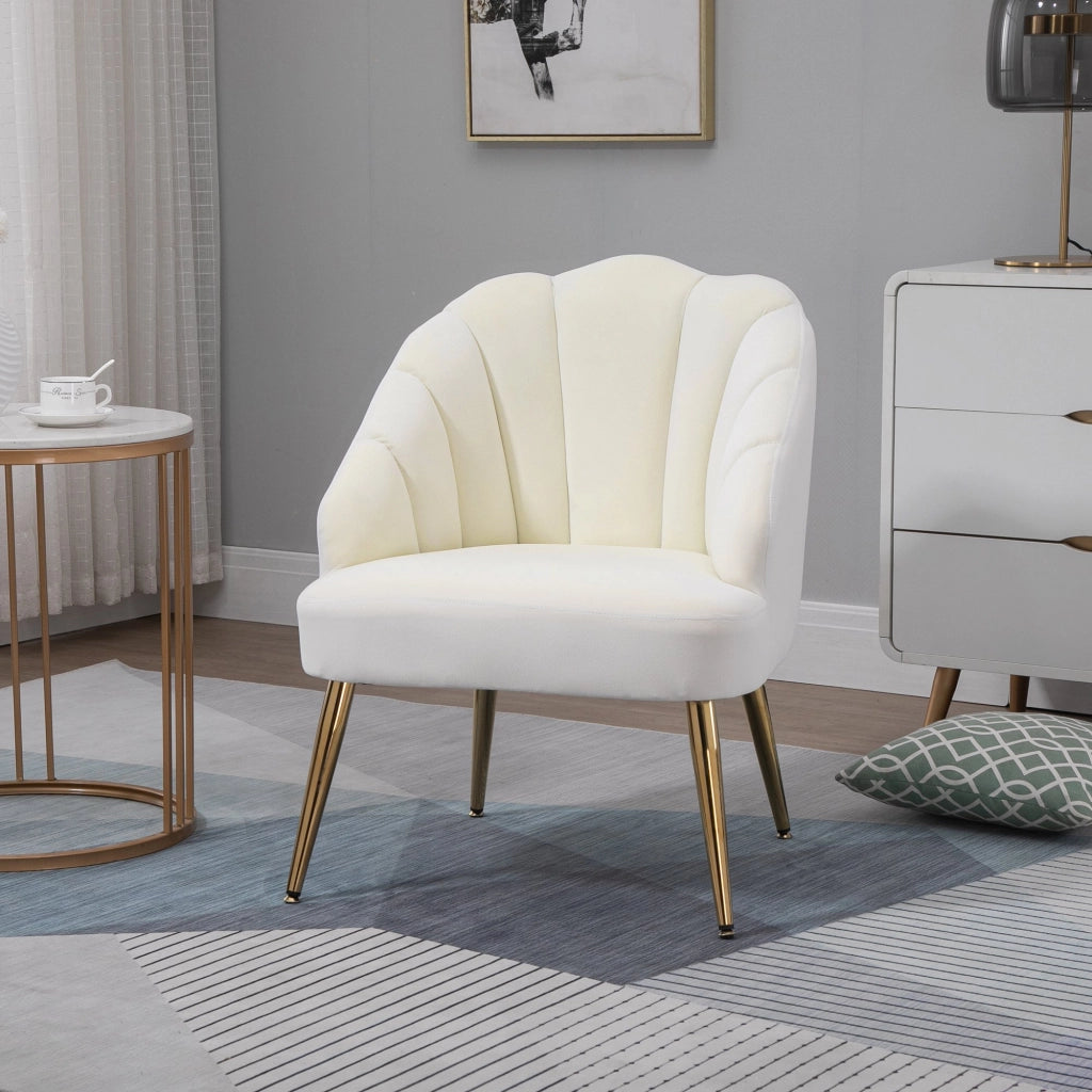 EasyComfort Poltrona in Velluto Imbottita con Schienale a Conchiglia e Gambe in Acciaio per Camera e Salotto, 63x65x84cm, Crema