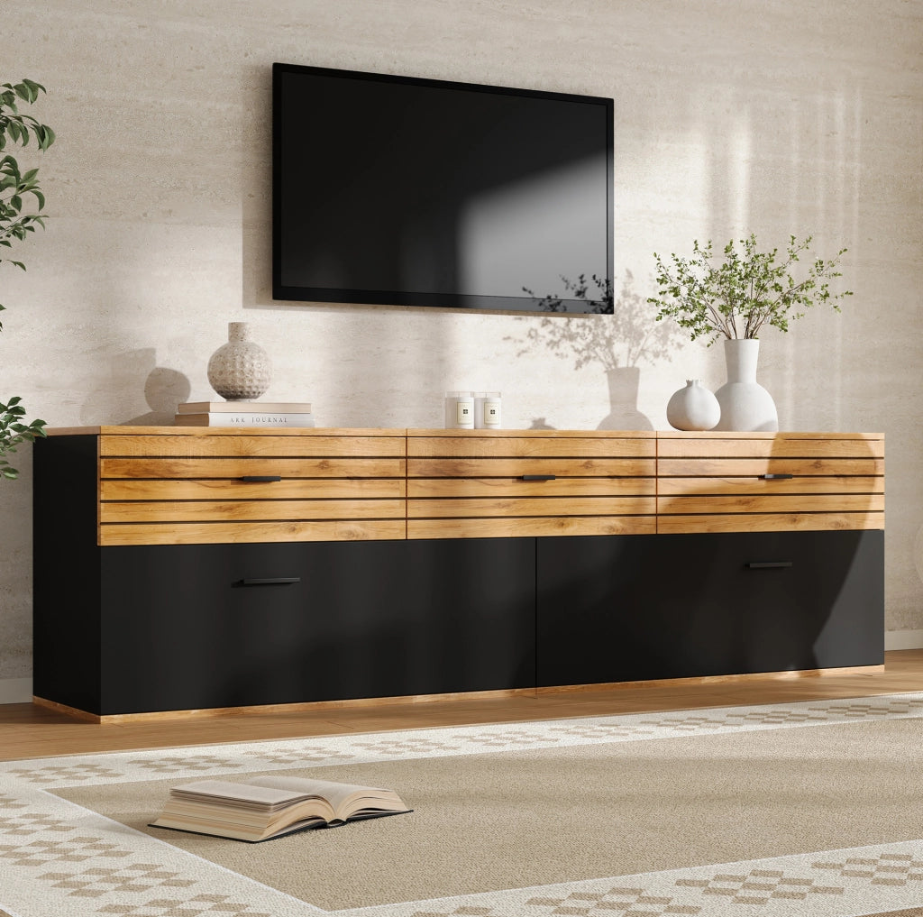 Mobile TV 168x38x59 cm con 3 cassetti e 2 ante a ribalta in MDF e truciolato naturale e nero
