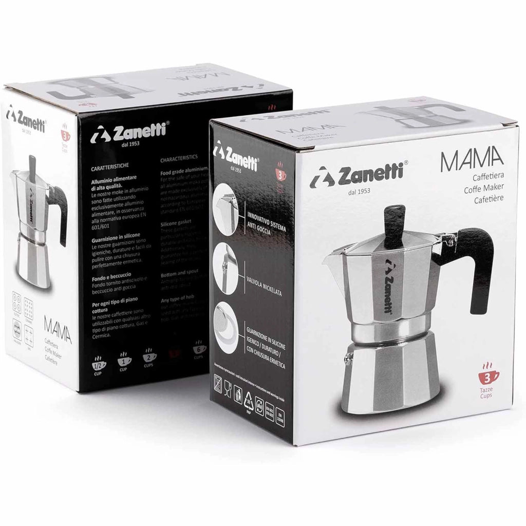 Moka Zanetti Mama 2 Tazze Alluminio Nero Antigoccia
