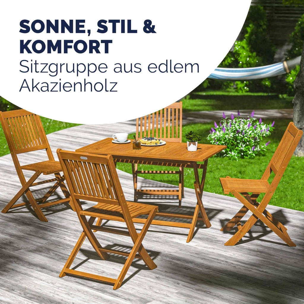 ® Set di Mobili da Giardino 5 Pezzi Modello 2026 - NOVITÀ: Tavolo Extra Stabile con Rinforzo in Legno di Acacia FSC®, 4 Sedie Pieghevoli per Giardino Balcone Esterno