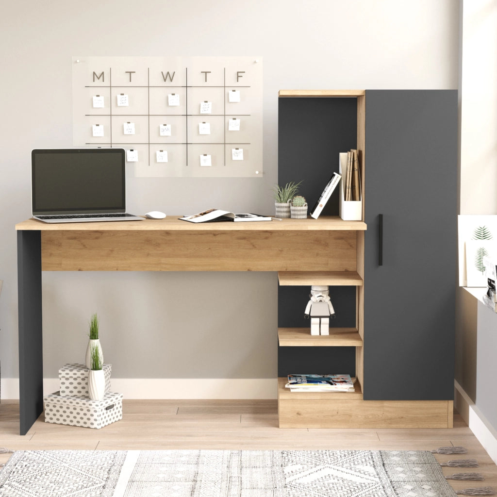 Scrivania Varhalo con Armadio Integrato e Ripiani Aperti - Effetto Rovere / Antracite [en.casa]