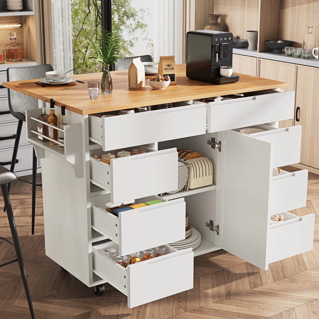 Carrello da cucina con 8 cassetti; armadietto; piano ribaltabile e ruote; MDF; 122 x 46 x 91;5 cm; bianco