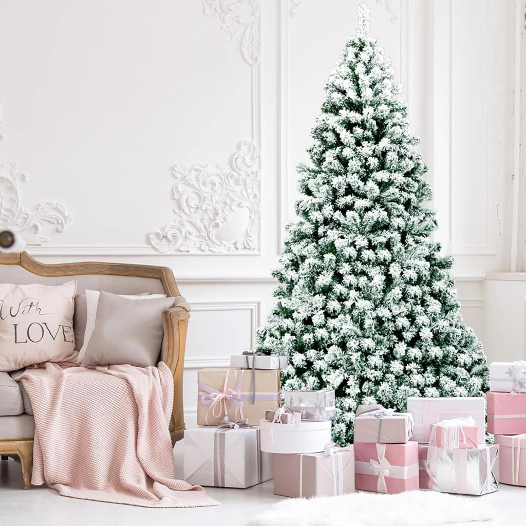 Albero di Natale Innevato 135/180/230 cm, Albero di Natale con 200/250/550 Luci LED Bianche Calde, 400/928/1346 Rami, Base in Metallo, Decorazione Natalizia per Casa e Negozio (230 cm)