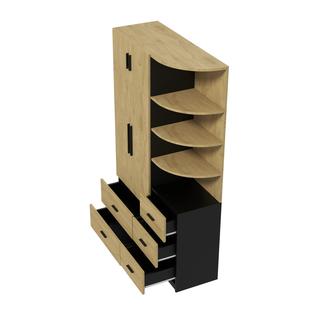 Armadio con 5 cassetti e barra appendiabiti 110 x 40 x 186 cm; naturale e nero