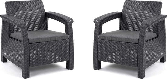 Set di 2 sedie da giardino in plastica, inclusi cuscini esterni, per giardino e balcone, grafite/chiara grigio, 75 x 70 x 79 cm per sedia