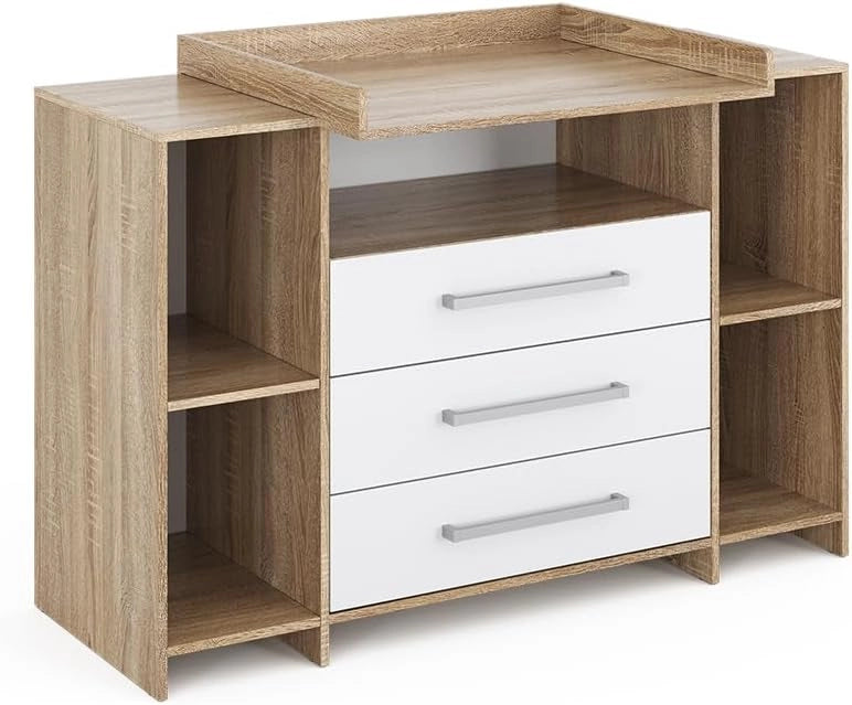 Fasciatoio Oskar, Bianco/Sonoma, 143 x 100 cm XL con cassetti, adatto come fasciatoio con area di appoggio estensibile
