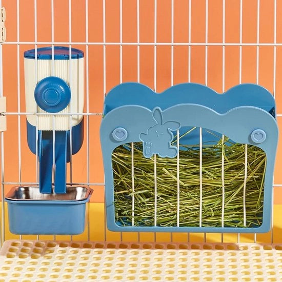 Tripla funzione alimentatore per conigli - cesta di alimentazione supporto per graticola - ricovero per conigli caviaghiacciai - Blu.