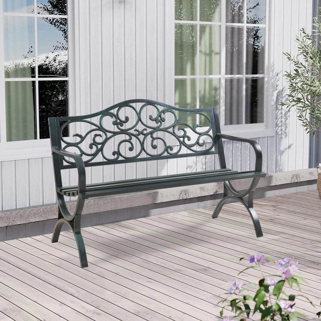 Panca da Giardino Utav con Schienale e Braccioli in Acciaio - Grigio Scuro con Patina Verde casa.pro